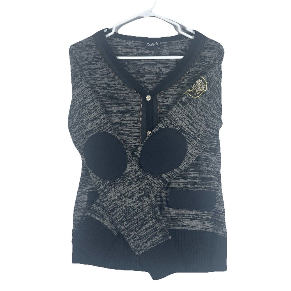 Southpole Cardigan Sweater Women's L Patch & Elbow Patches Button Up Black Gray